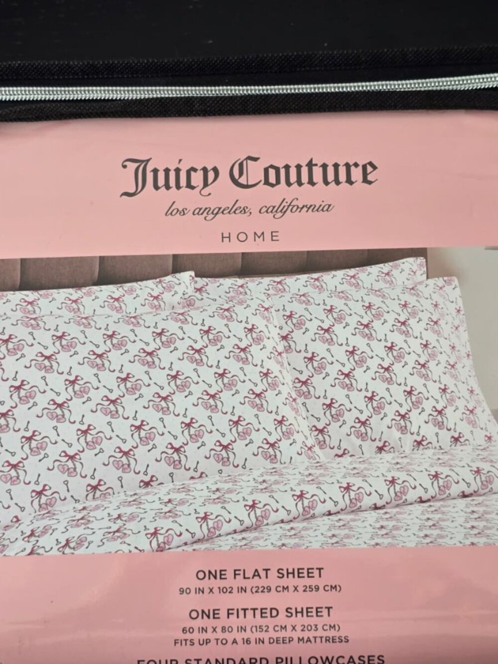 Juicy Couture Queen Sheet Set Pink Bow Print 6 Pc Bedding Set New - Picture 3 of 5
